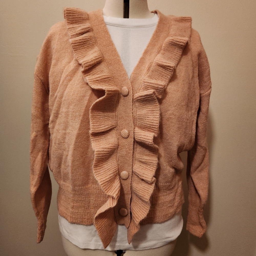 Easel NWTs !!!  Coral button down sweater Med with Ruffles!  ❤️🧡💛